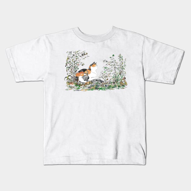Calico Cat In The Garden Kids T-Shirt by merahituhijau